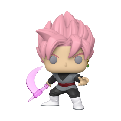 Figura colecionável Funko Pop com cabelo rosa, roupa preta e cinza, segurando espada cor-de-rosa