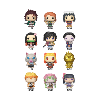 Onze bonecos Funko Pop da série Demon Slayer com diferentes cores e roupas, incluindo um dourado.