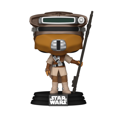 Figura Funko Pop Star Wars com roupa bege e castanha e capacete castanho