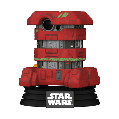 Figura robô colecionável vermelho e cinza sobre base com logotipo Star Wars