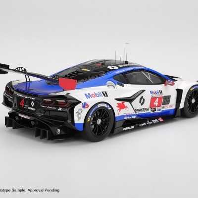 Modelo em escala de carro de corrida Corvette C7.R branco, azul e preto com logótipos e número 4