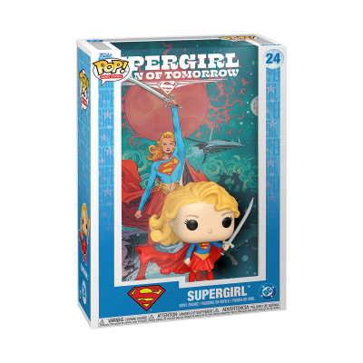 Figura Funko Pop vinil Supergirl com espada em caixa azul e arte de banda desenhada