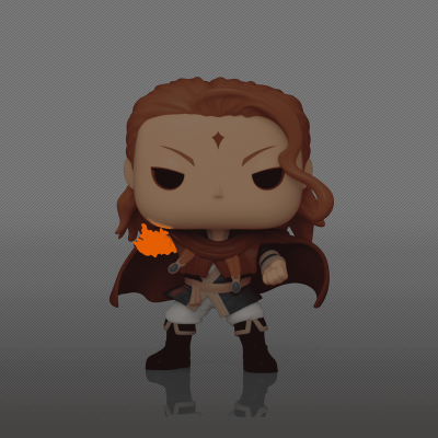 Figura Funko Pop com capa castanha e chama laranja na mão