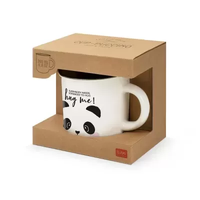 Caneca de cerâmica branca com estampa de panda e texto, embalada em caixa de cartão castanha