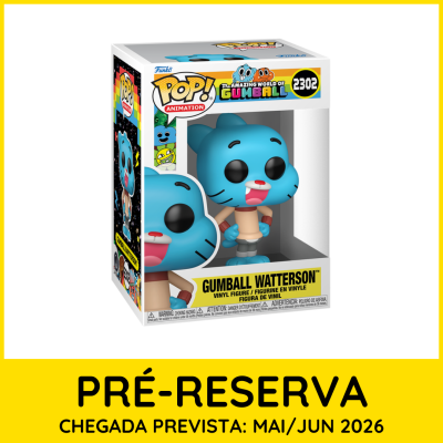 Funko Pop! Gumball Watterson de vinil na caixa com aviso de pré-reserva e data prevista de chegada em fundo amarelo
