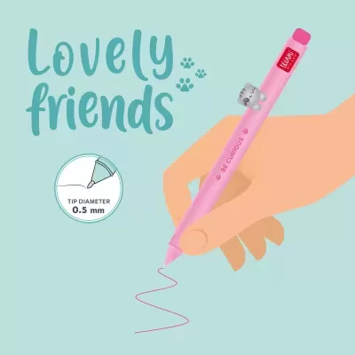 Caneta rosa com clique coala e texto BE CURIOUS e CLIPA PEN.