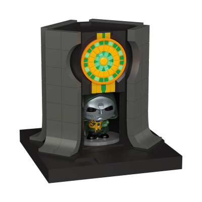 Figura Funko Pop Metal Mask dentro de estrutura cinza com relógio amarelo e verde