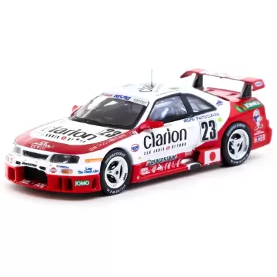 Modelo de carro de corrida Nissan GT-R branco e vermelho com autocolantes e número 23