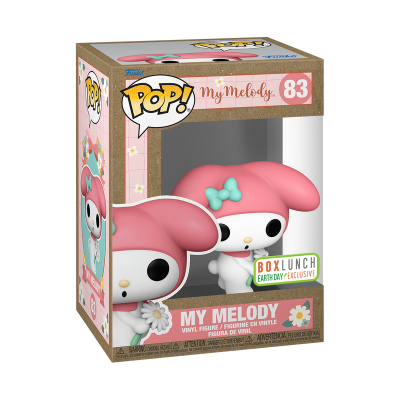 Figurinha Funko Pop! My Melody com orelhas rosa e laço azul em caixa de embalagem rosa