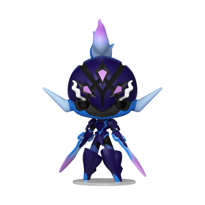 Figura colecionável futurista azul e roxa com base branca