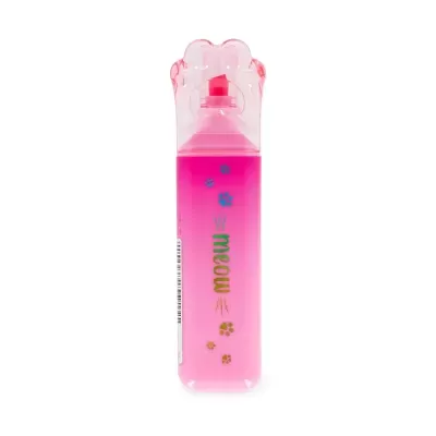 Garrafa de água rosa com tampa em forma de pata e texto meow.