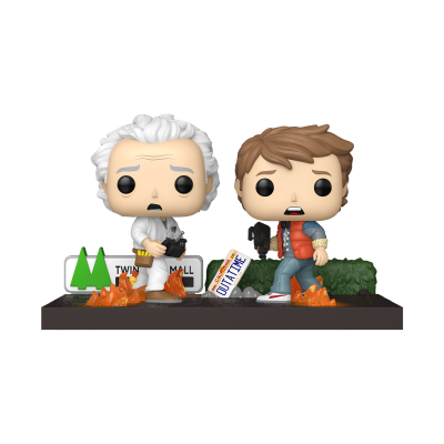 Duas figuras Funko Pop representando personagens com cabelo branco e castanho, base com fogo e sinais