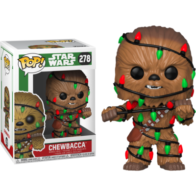 Figura Funko Pop! Chewbacca com luzes de Natal e bastão, ao lado da caixa da figura.