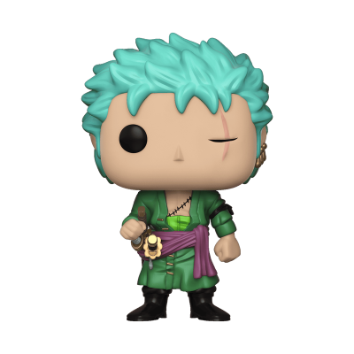 Figura Funko Pop de personagem com cabelo azul turquesa e roupa verde