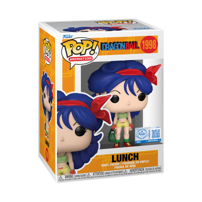 Boneca Funko Pop da personagem Lunch de Dragon Ball em caixa