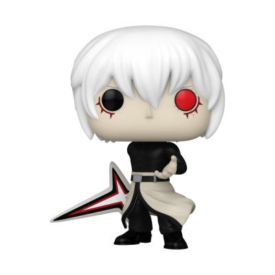 Figura Funko Pop com cabelo branco, olhos preto e vermelho, roupa preta e branca, segurando arma estilizada.