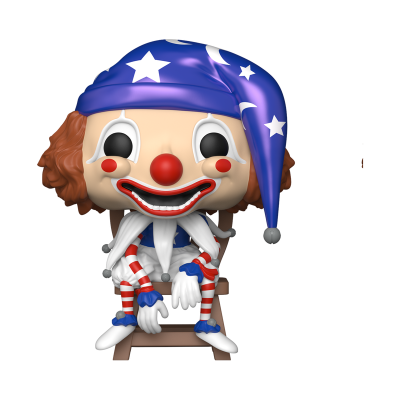 Figura de palhaço sentado com chapéu azul de estrelas e roupa listrada vermelha e branca