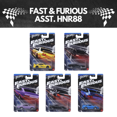 Cinco carros Hot Wheels Fast & Furious em embalagens individuais com texto em fundo preto