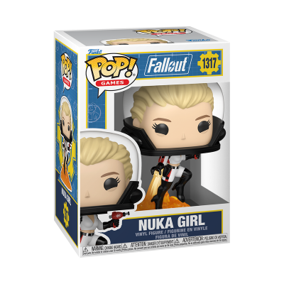 Funko Pop! Fallout Nuka Girl figurine em caixa com design azul e amarelo