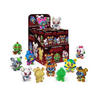 Figuras colecionáveis de personagens coloridos Security Breach com embalagem com texto em inglês