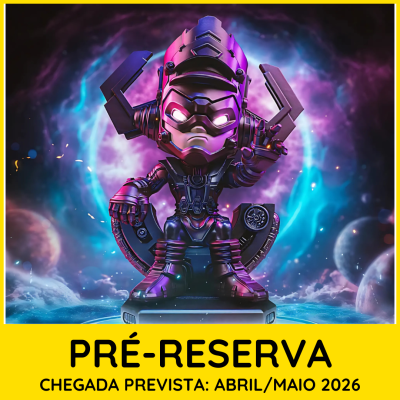 Figura colecionável futurista roxa e preta com armadura e capacete