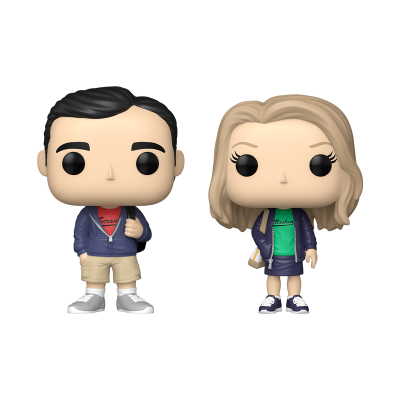 Duas figuras Funko Pop, uma masculina e outra feminina, com roupas casuais coloridas