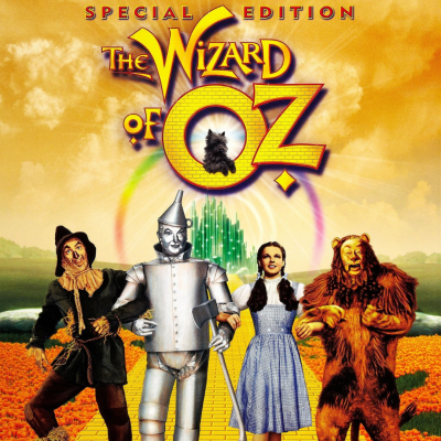 Capa do filme The Wizard of Oz com personagens principais e estrada amarela.
