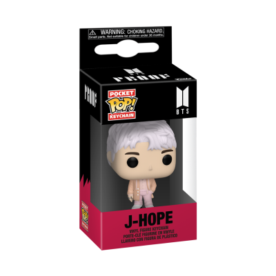Figura chaveiro Funko Pop do J-Hope do BTS em embalagem preta e vermelha