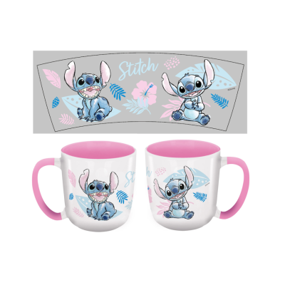 Copo cerâmico com decoração de Stitch em tons de azul e rosa