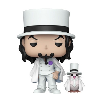Funko Pop de personagem com cartola e figura pequena branca