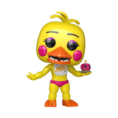 Figura de ação amarela de pato com bochechas cor-de-rosa e babete LETS PARTY! segurando cupcake cor-de-rosa