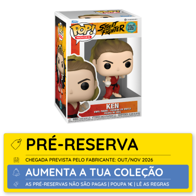 Figura Funko Pop! Ken do filme Street Fighter numa caixa com cores branco, laranja e amarelo.