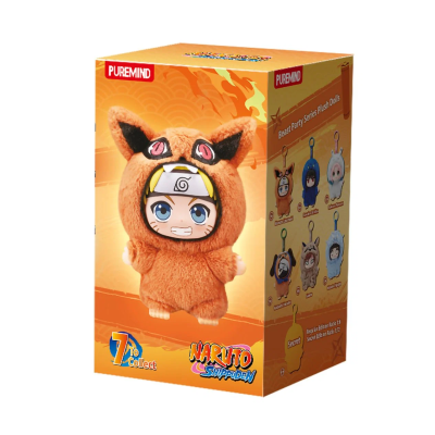 Caixa laranja de peluche Naruto Shippuden com personagem em fato castanho com orelhas.