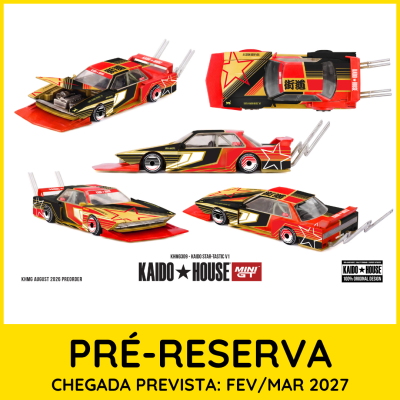 Miniatura de carro desportivo vermelho, preto e dourado com estrelas e texto de pré-reserva