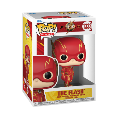 Funko Pop! vermelho da personagem The Flash em caixa com detalhes em amarelo e branco