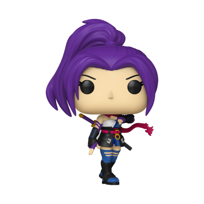 Boneco Funko Pop com cabelo roxo e roupa azul e preta