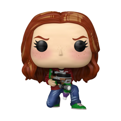 Figura Funko Pop personagem com cabelo ruivo e roupa casual segurando arma futurista