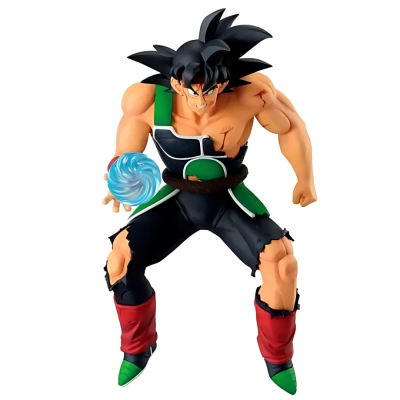 Figura de ação de personagem com cabelo preto, roupa verde e preta, esfera azul na mão.