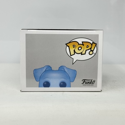 Embalagem Funko POP! com figura azul e fundo cinzento