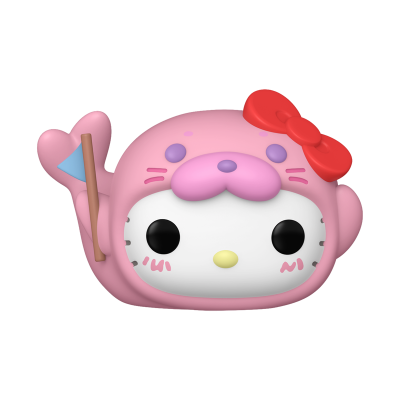 Figura Funko Pop da Hello Kitty com fato de foca cor-de-rosa e laço vermelho