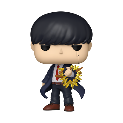Figura Funko Pop de homem com cabelo preto e casaco azul segurando anel amarelo de energia