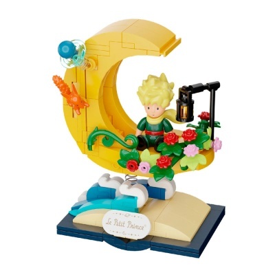 Brinquedo de construção do Pequeno Príncipe na lua com flores e placa Le Petit Prince