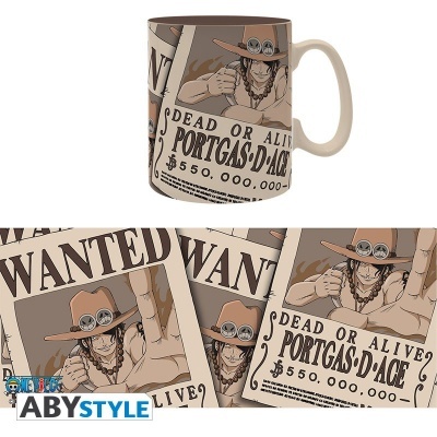 Caneca com cartaz de procurado Portgas D. Ace em castanho e bege