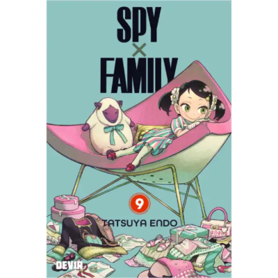 Capa do manga SPY x FAMILY volume 9 com criança e peluche numa cadeira
