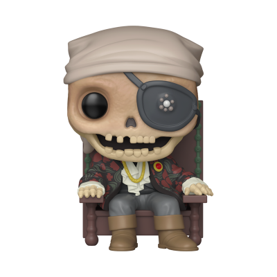 Funko Pop esqueleto com tapa-olho e roupa elaborada sentado numa cadeira