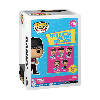 Caixa Funko Pop Danny da banda New Kids on the Block, azul, com imagens dos membros da banda.