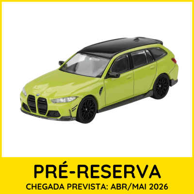 Modelo de carro BMW verde-limão com capota preta e texto PRÉ-RESERVA na moldura amarela.