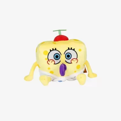 Peluche amarelo com olhos grandes e roupa branca