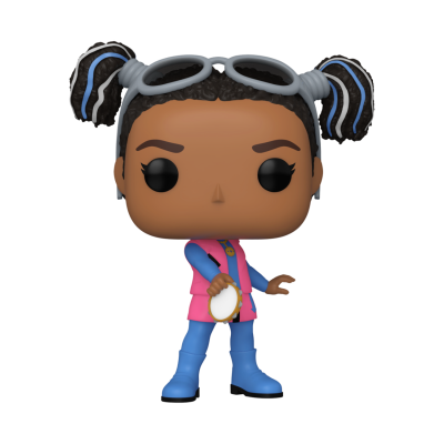 Figura Funko Pop personagem com cabelo em tranças, óculos cinzentos, roupa rosa e azul, botas azuis, segurando tamborim branco