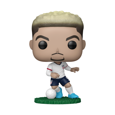 Figura Funko Pop de jogador de futebol com uniforme branco e azul e bola branca.